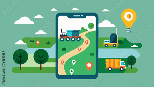 A mobile application that allows farmers to track the location and movements of their equipment in realtime promoting efficient use and preventing equipment loss.. Vector illustration