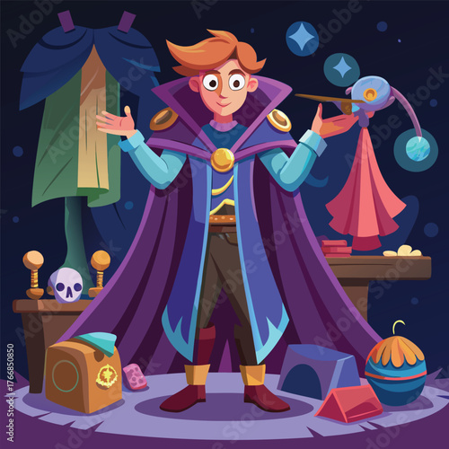 A character tries on a costume that is rumored to be enchanted..