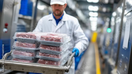74Worker pushing a trolley loaded with transparent plastic boxes containing meat through a refrigerated corridor lined with stainless steel walls and storage units