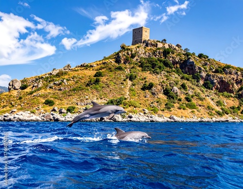 Two dolphins leaping in front of a coastal mountain with a stone tower