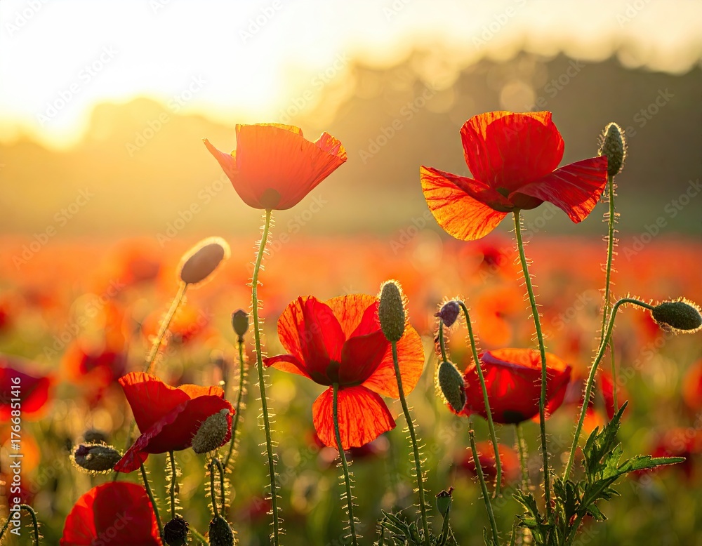 Obraz premium Vibrant Red Poppy Field at Golden Sunset with Soft Focus Sunlight and Green Foliage in a Serene Outdoor Meadow Landscape