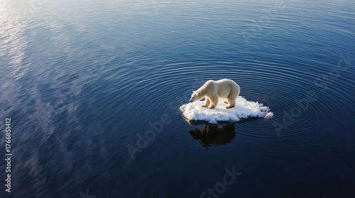 Polar bear on melting ice floe in vast ocean