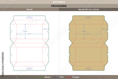Hanging polygonal display box dieline structured in vector design professional printing workflow and sturdy packaging panels with precise die line placement for attractive merchandising
