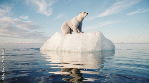 Lone polar bear on melting ice floe amidst vast ocean
