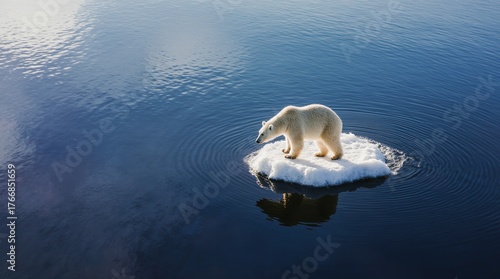 Solitary polar bear on melting ice floe amidst vast ocean