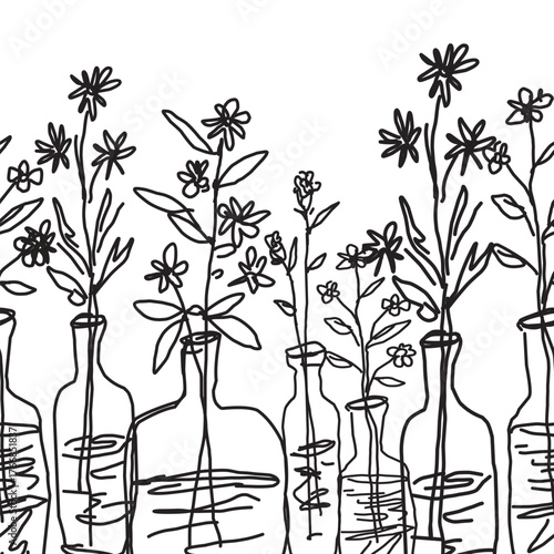 set vector of flowers on a bottle simple outline seamless.eps