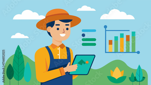 A farmer using a tablet to monitor the realtime soil moisture data collected by sensors tracking the progression of moisture levels over time and making informed decisions.. Vector illustration