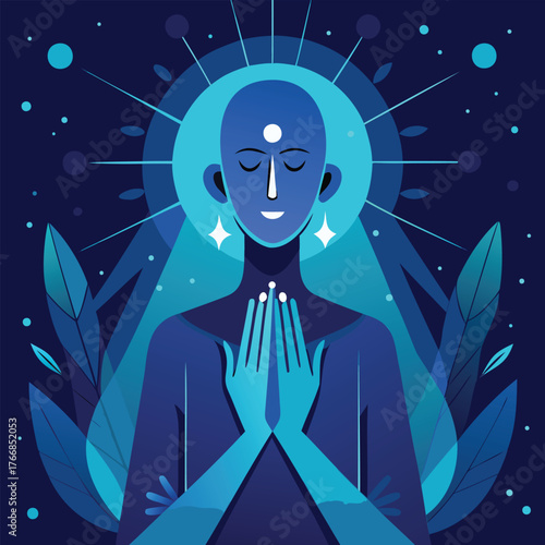  A deeply contemplative figure, hands pressed against their glowing head, surrounded by ethereal blue light..