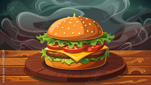 Very beautiful, a juicy gourmet hamburger on a dark wooden table with smoke, fresh ingredients, melted cheese, crisp lettuce, toasted bun, and appetizing restaurant-style presentation.