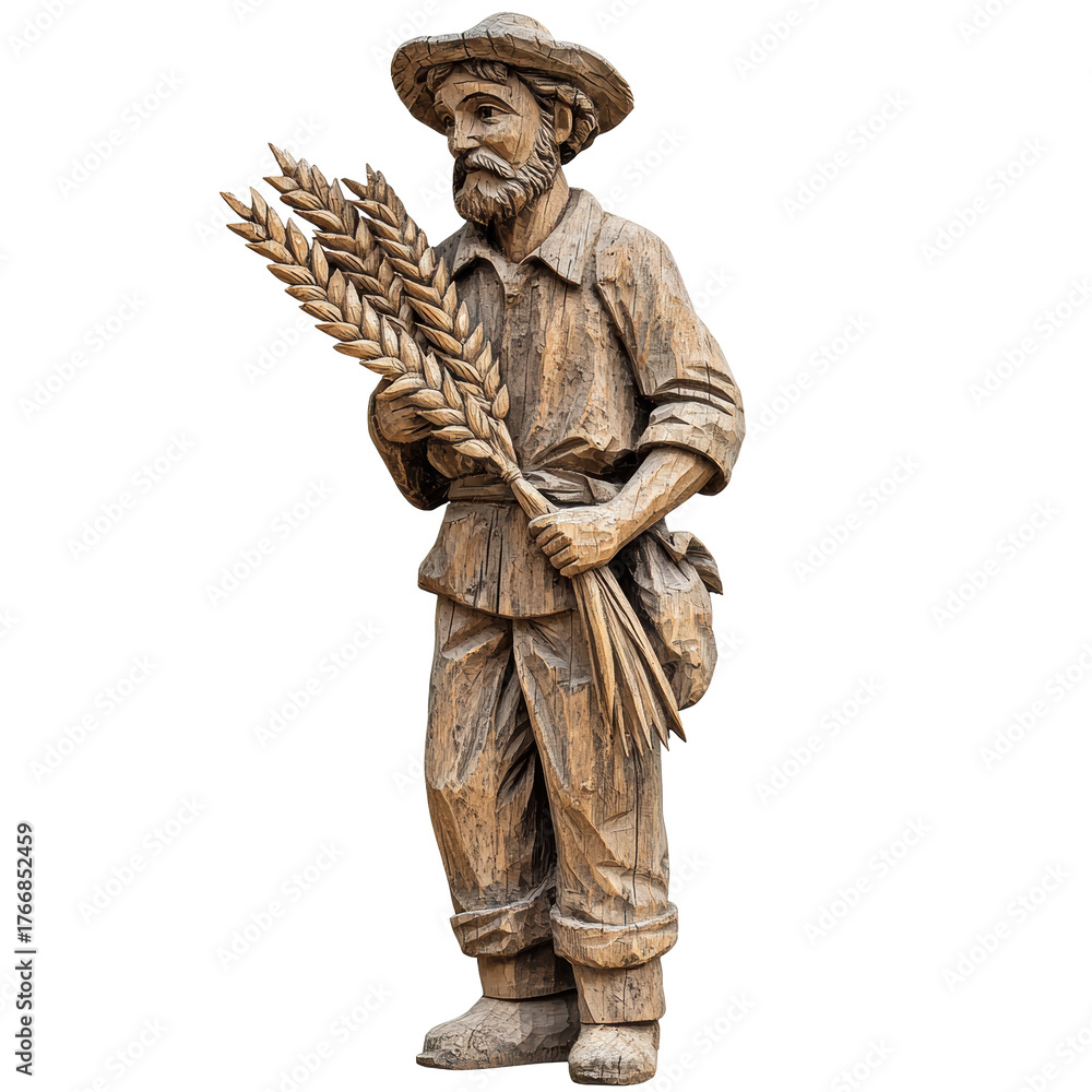 Obraz premium Wooden Farmer Sculpture Holding Wheat Sheaves. Symbol Of Agriculture And Harvest Tradition Isolated On Transparent Background