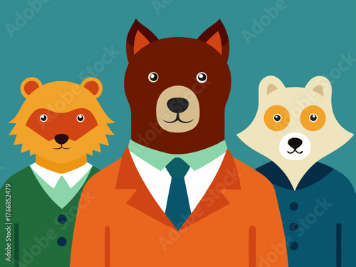 Three anthropomorphic animals in suits standing together in a business setting