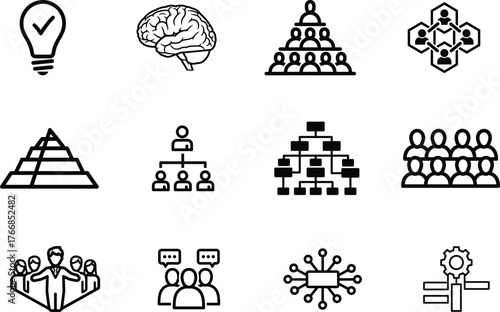 Business Concepts and Organizational Structures Icons in Black and White Style