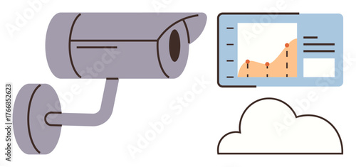 Security camera linked to a cloud server featuring data charts and reports. Ideal for cybersecurity, monitoring, data tracking, technology, cloud storage, analytics, and privacy themes. Simple flat