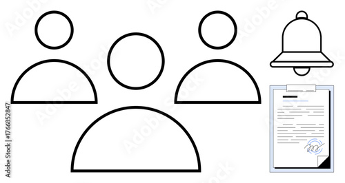 Abstract people icons, a notification bell, and a signed document clipboard emphasizing teamwork, alerts, and agreements. Ideal for business, communication, contract management, teamwork reminders