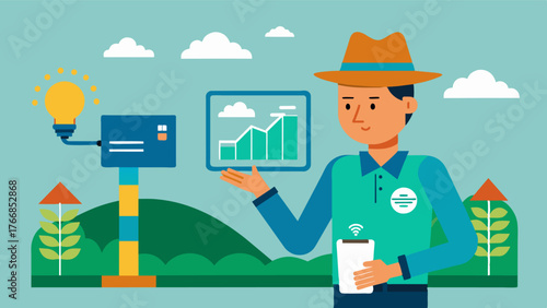 A farmer syncing their irrigation schedule with their farms weather station data to make realtime adjustments and conserve water.. Vector illustration