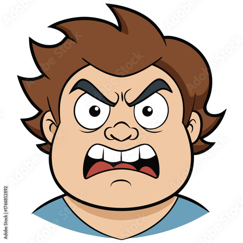 Cartoon boy with angry expression and spiky brown hair on white background Keywords: angry, boy, child