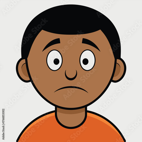 Cartoon Boy with Dark Hair and Sad Expression on Gray Background Keywords: boy, cartoon, illustration, sad