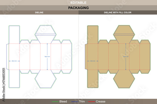 Hexagonal tuck end box dieline in a modern vector layout for smooth printing flow and premium packaging appeal with balanced fold structure and detailed die line directions
