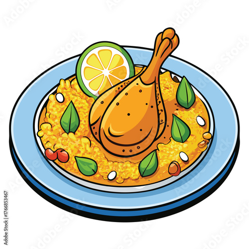 Cartoon illustration of chicken biryani with lime and mint leaves Keywords: chicken biryani, rice dish