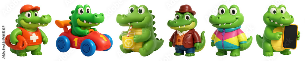 Fototapeta premium PNG Colorful crocodile toy collection, element set on transparent background