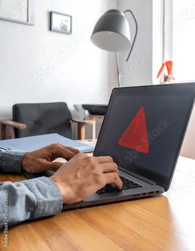 Person working at desk with laptop displaying a warning sign
