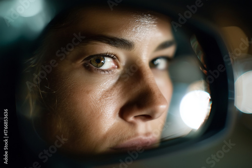 Close-up of eyes reflected in car side mirror at night, subtle fear expression, cinematic lighting, 