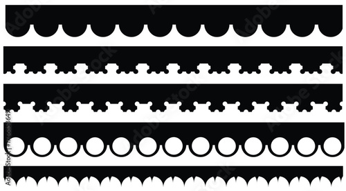 Scalloped edge seamless set. borders and dividers. Simple scalloped border. Repeat cute vintage frill ornament. Texture ribbons. stripe,tape collection isolated on white background.scallop