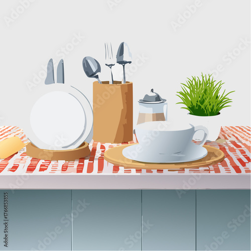 Geschirrset auf Küchentisch