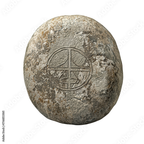 Ancient Stone With Carved Symbol. Historical Artifact And Cultural Significance Isolated On Transparent Background