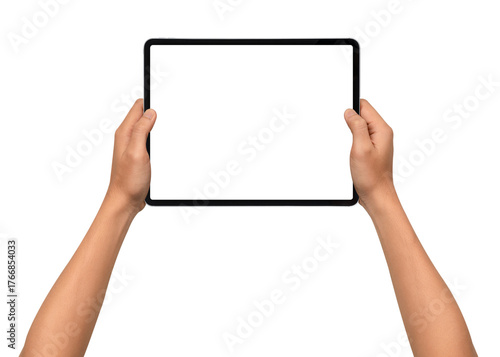 Wallpaper Mural Close-up of hands holding a modern tablet with blank screen isolated on transparent PNG.	
 Torontodigital.ca