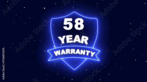 58 year warranty with shield icon animation on technology background. Business product quality concept. 58 years warranty label badge design animation. Support service icon. 4k video animation.
