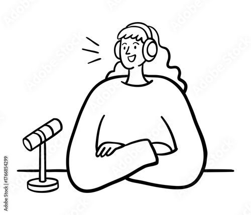 Podcast Host Recording Live Broadcast. Hand Drawn People Illustration.