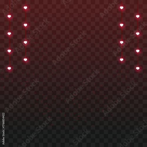 Enchanting heart shaped string lights in glowing red white on a transparent background. Perfect for adding a romantic festive touch to Valentine's Day and love themed designs.