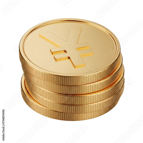 3d icon of stack of gold coins with japanese yen symbol, isolated on transparent background