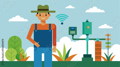 A farmer stands beside his IoTenabled irrigation pump which is equipped with water quality sensors. The pump can detect any contamination in the water supply and automatically shut. Vector