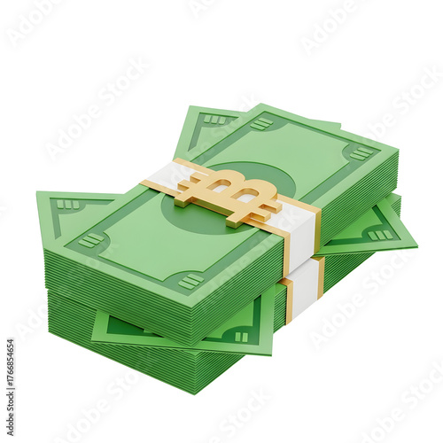 3d icon of stack of bitcoin bills isolated on transparent background