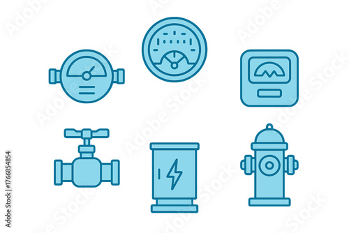 Industrial measurement gauges, water valve, electrical box, and fire hydrant symbols