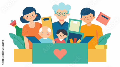 A box filled with handmade cards artwork and trinkets from children and grandchildren representing the memories of a persons important role as a parent or grandparent.. Vector illustration