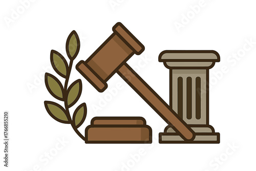Wooden gavel sounding block olive branch and classical column symbolizing law and justice