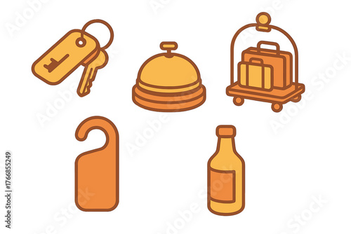 Room key, service bell, and baggage trolley symbols for hotel hospitality services
