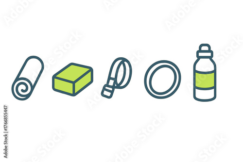 Essential fitness and workout gear including yoga mat block jump rope and water bottle