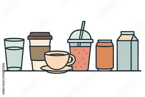 Assortment of beverage containers including water glass, coffee cup, and takeaway drinks