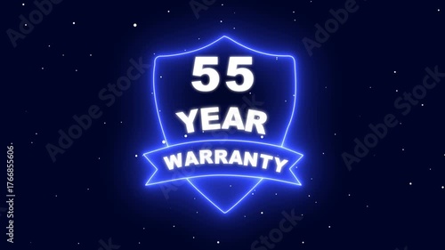 55 year warranty with shield icon animation on technology background. Business product quality concept. 55 years warranty label badge design animation. Support service icon. 4k video animation.