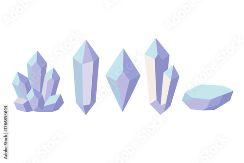Stylized geometric crystals and raw gemstones in pastel purple and blue colors isolated on white