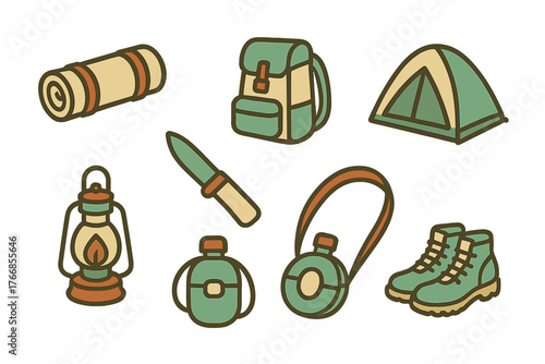 Essential outdoor survival and camping gear collection with backpack tent boots and knife