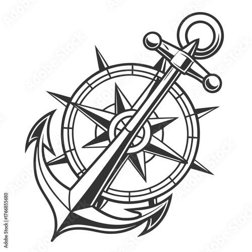 Anchor and compass rose, vector illustration