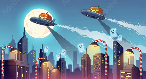 Halloween Night Cityscape with Pumpkin Spaceships and Friendly Ghosts