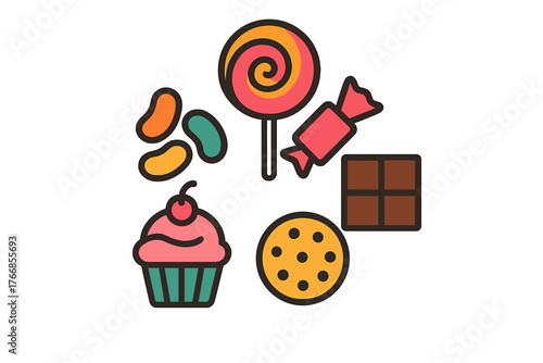 Colorful assortment of sweet treats including lollipop, cupcake, chocolate bar, and jelly beans