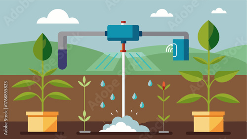 A depiction of a smart irrigation system delivering water and nutrients directly to a plants root zone for maximum absorption.. Vector illustration