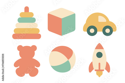 Set of six classic baby and toddler toys: car, teddy bear, stacking rings, cube, ball, and rocket ship